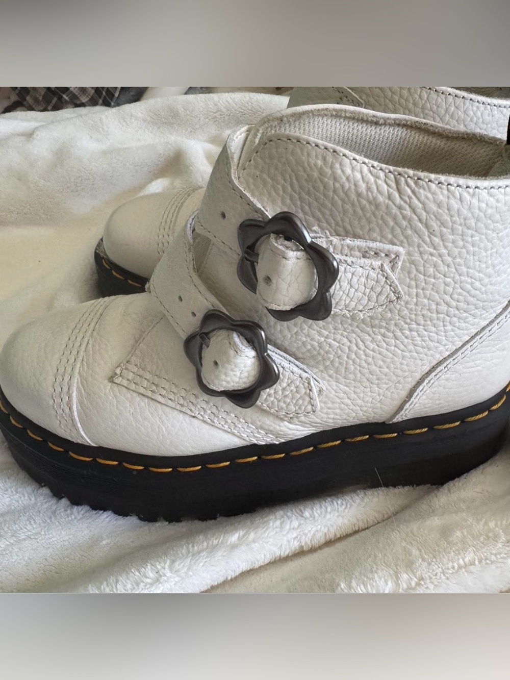 Dr. Martens White Leather Boots with flower buckle